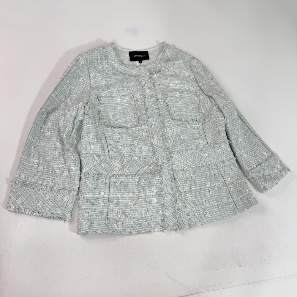 Lafayette 148 Jacket Womens 14 Blyss Blue Multi Tweed Frayed Edge Button Up Chic